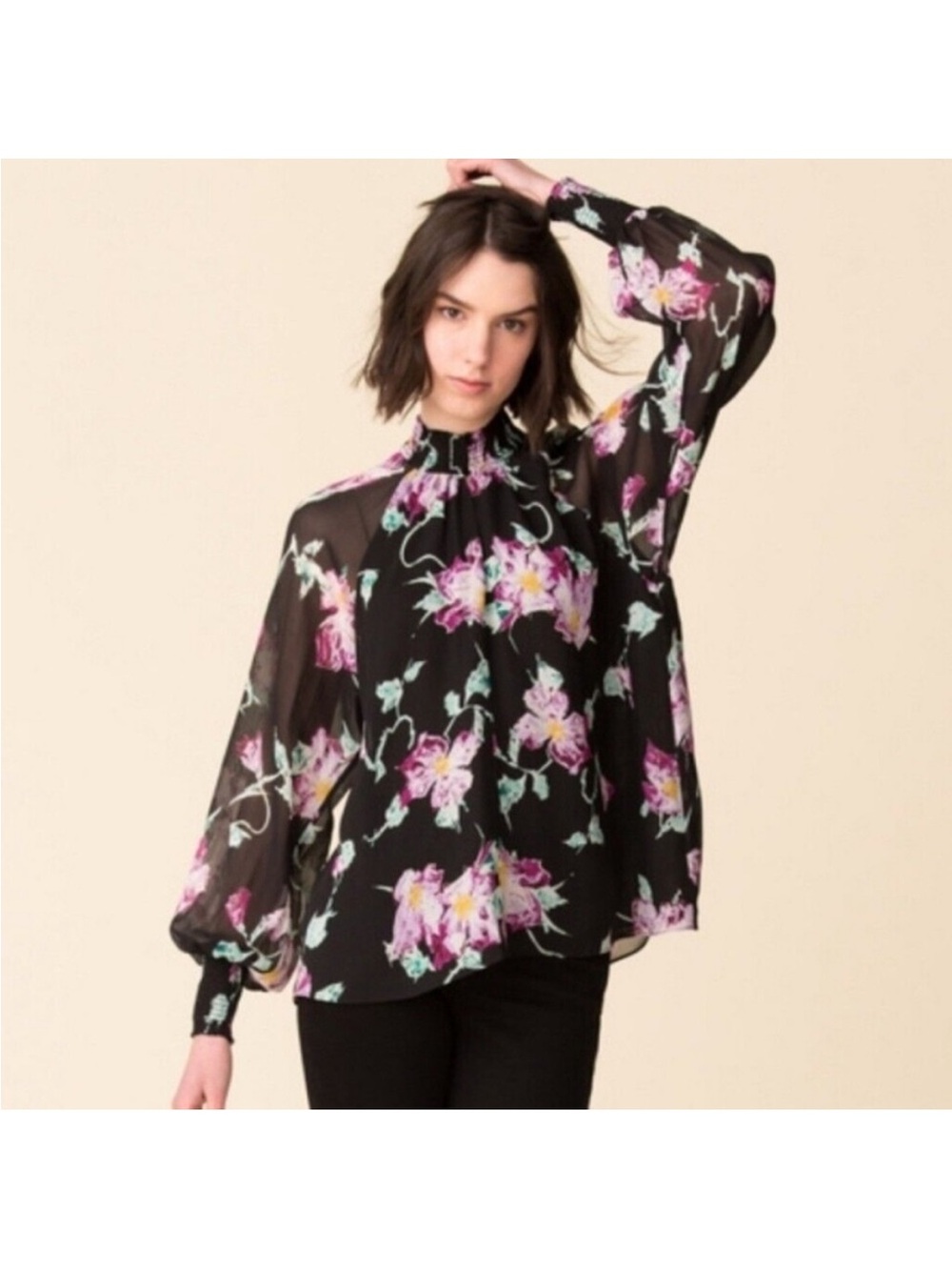 A.L.C. Venetia Floral Black Purple Silk Popover Blouse Shirt Top